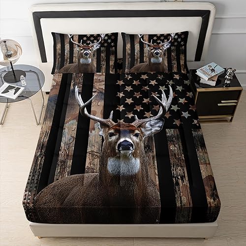 HOSIMA Protector de colchón tamaño Queen con 2 fundas de almohada, diseño de bandera estadounidense y estampado de ciervos, funda de colchón para