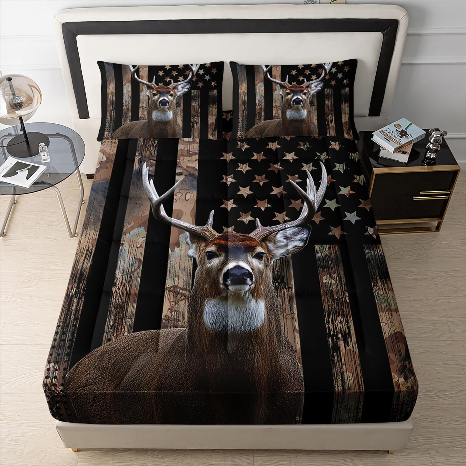 HOSIMA Mattress Protector Full Size American Flag and Deer Print Design,Mattress Cover for Teens Boys Room Decor with 2 Pillowcases,Animal Deer Hunting Camo Mattress Pads Cover with Deep Pocket.