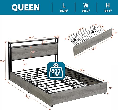 Miniatura 9 de Kiivakii Base de cama matrimonial con almacenamiento de cabecero, cama de plataforma LED con puertos USB para dormitorio, granja, resistente,