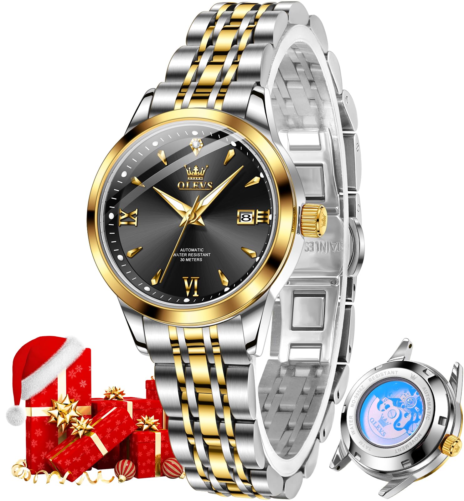 OLEVS Ladies Luxury Gold Silver Stainless Steel Quartz Watch Waterproof Date