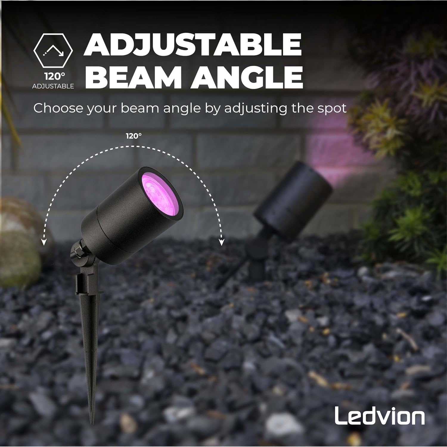 Ledvion garden spike spotlight demonstrating water and dust resistance with IP65 rating.