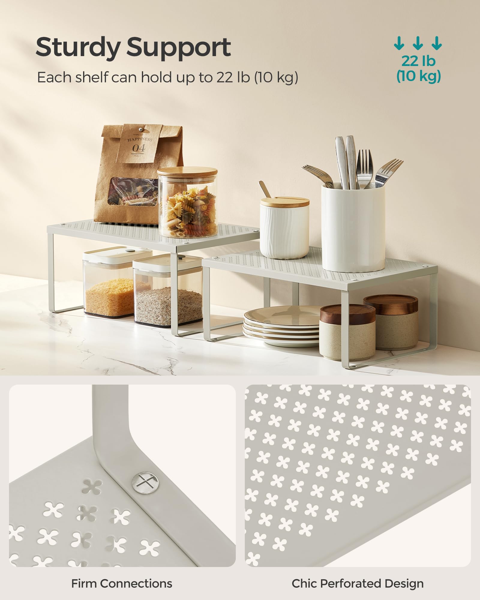 SONGMICS Spice Racks, Set of 2 Cupboard Organisers, Kitchen Storage, Stackable, Expandable, Metal Counter Shelves - Image 4