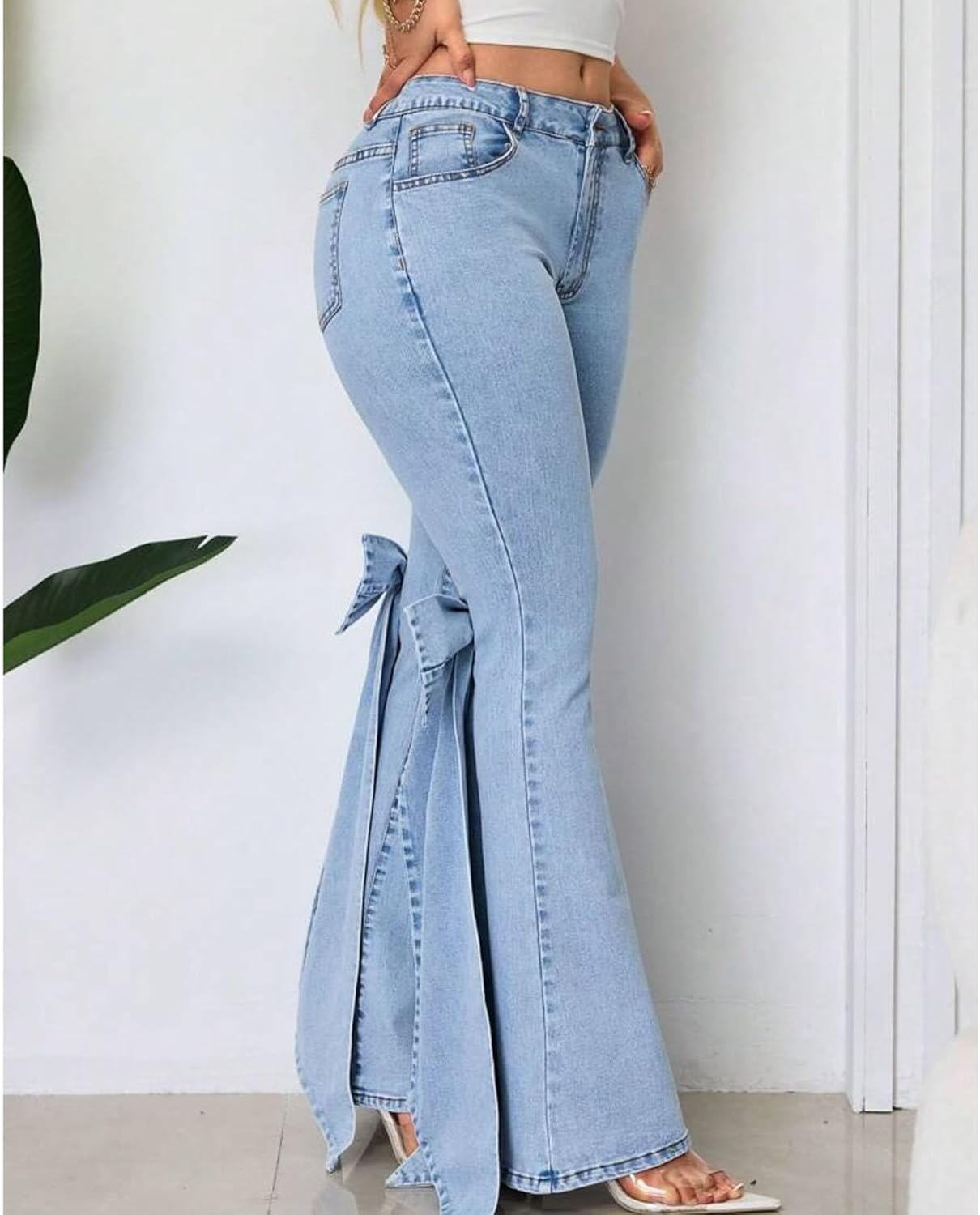 Raboolion Womens Fashion Y2K Bodycon Bell Bottom Jeans High Waist Curvy Stretchy Denim Pants with Bow Tie Design