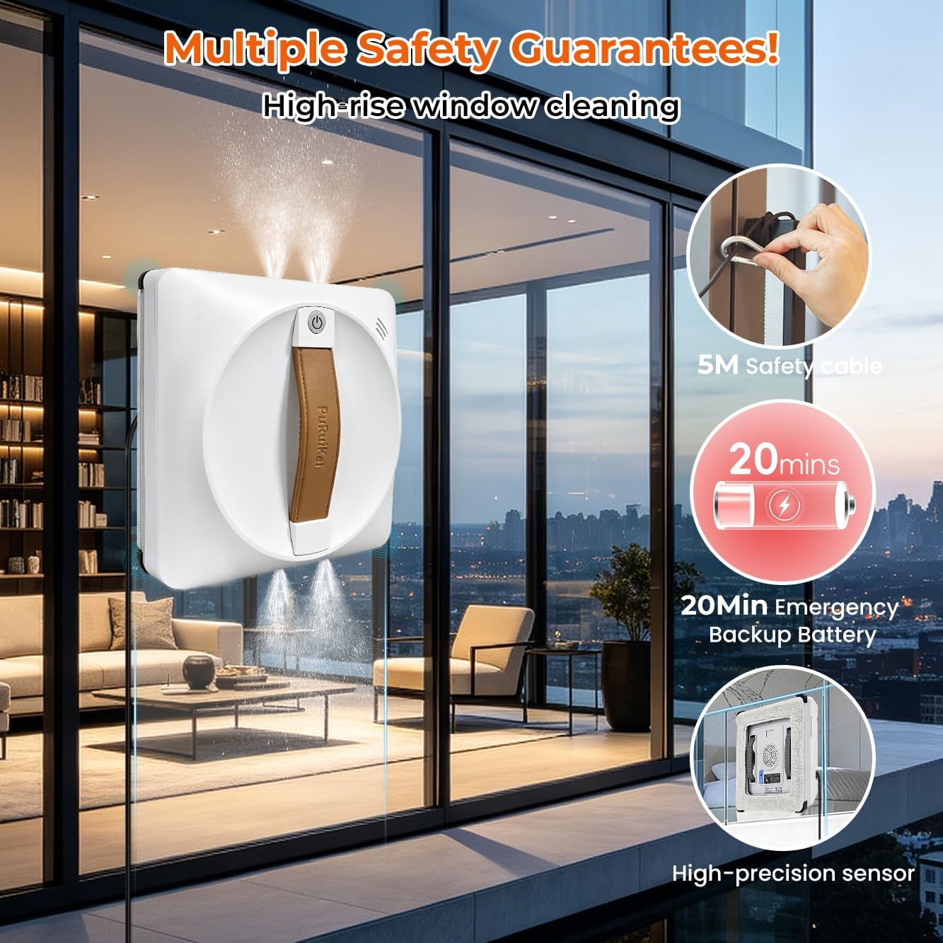PuRuiKai PRK-28B robot demonstrating multiple safety features including a safety cable, backup battery, and high-precision sensors.