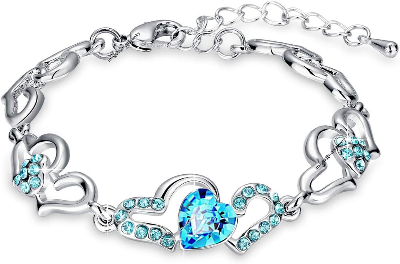 Oviya Rhodium Plated Lovely Heart Link Bracelet with glittering Crystal stones BR2100277RBlu