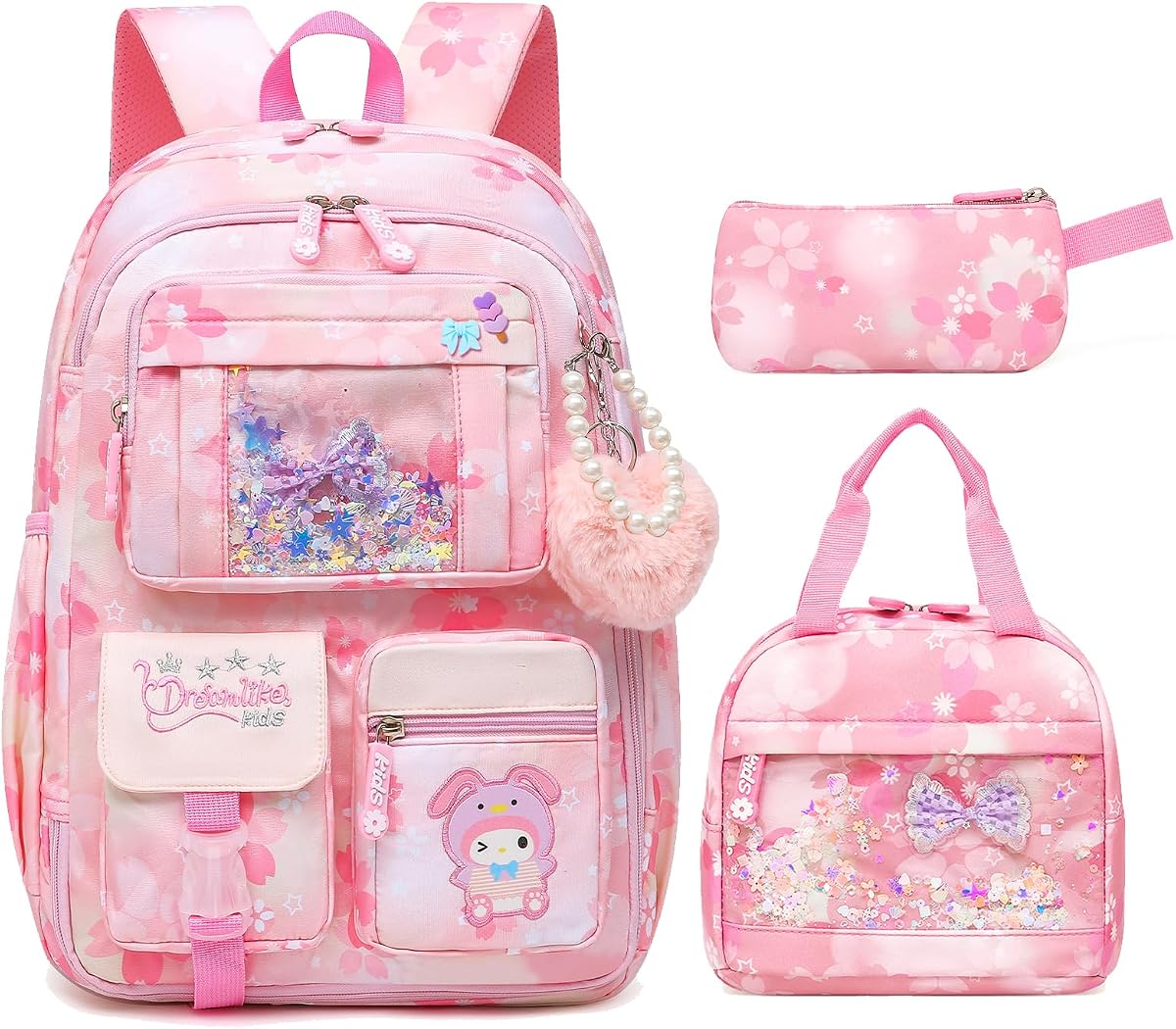 Lovely Girls Backpack School Bag for Students Kids Book Bag with Multiple Pockets Splash-proof Children's Backpack(17inch Set Pink)