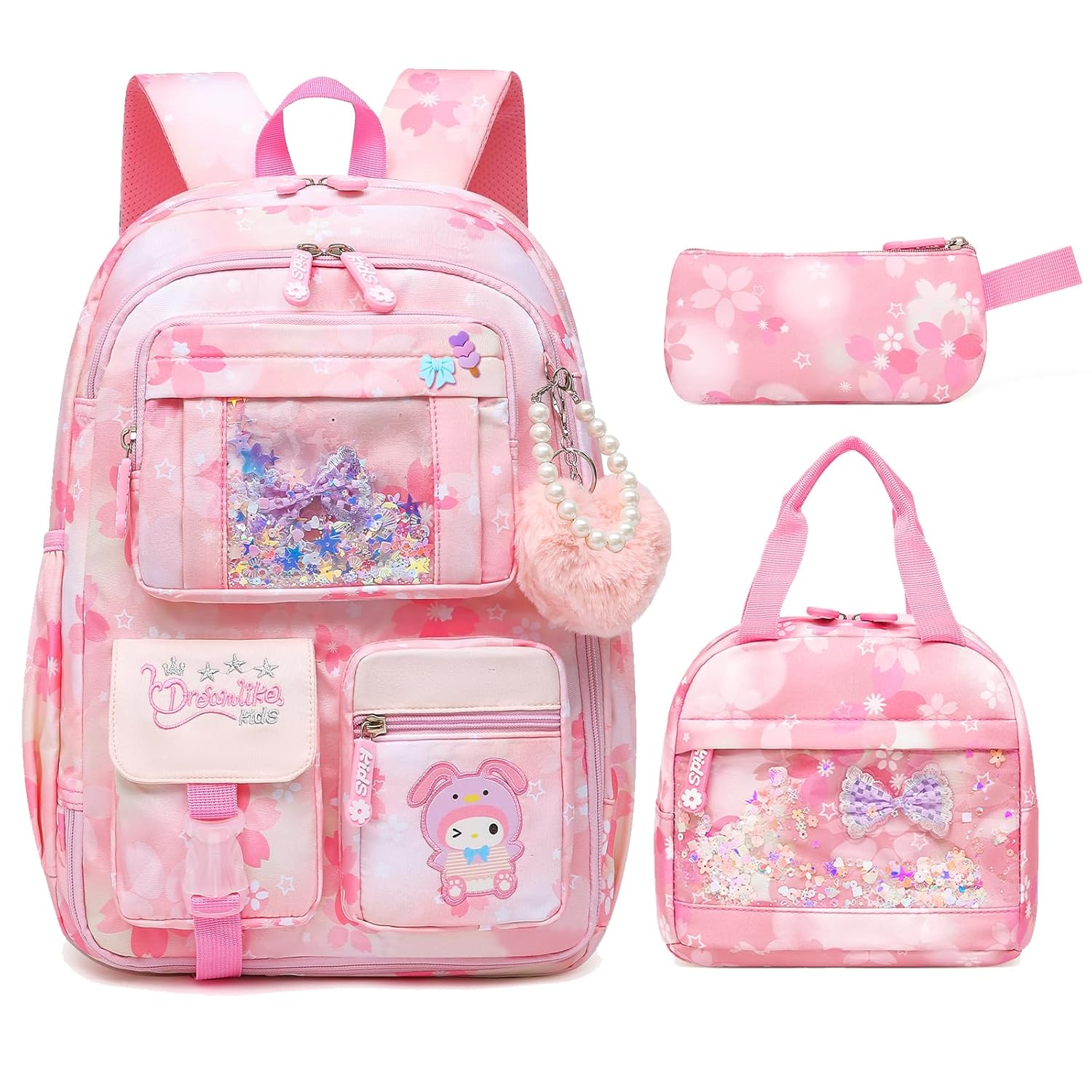 Lovely Girls Backpack School Bag for Students Kids Book Bag with Multiple Pockets Splash-proof Childrens Backpack 17inch Set