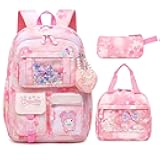 Lovely Girls Backpack School Bag for Students Kids Book Bag with Multiple Pockets Splash-proof Children's Backpack（17inch Set Pink）