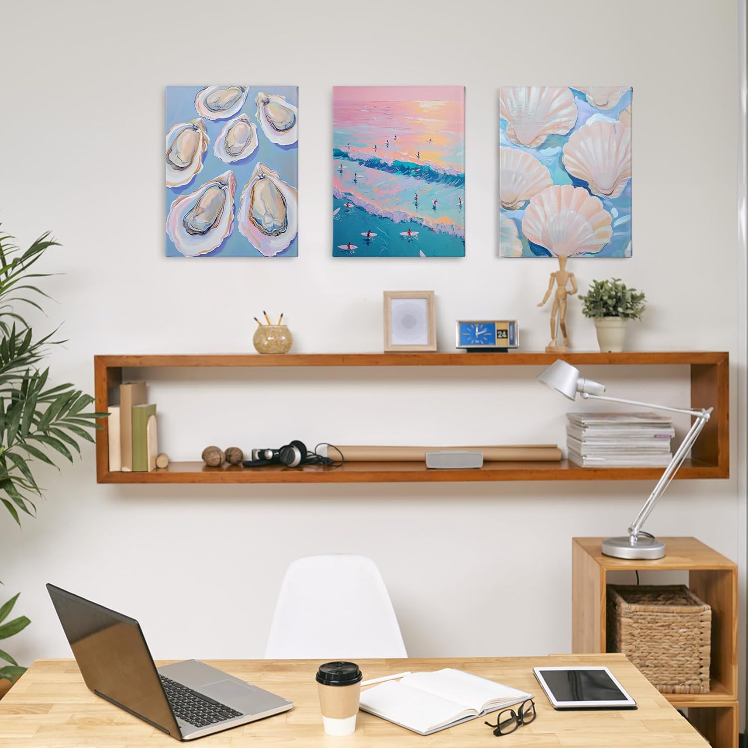 PHAMTE Blue Pink Coastal Oyster Shell Beach Wall Art Decor Canvas Set of 3, Preppy Summer Sea Ocean Pictures Wall Decor for Girly Room Dorm Beach House Home, Trendy Framed Artwork for Walls 11x14in