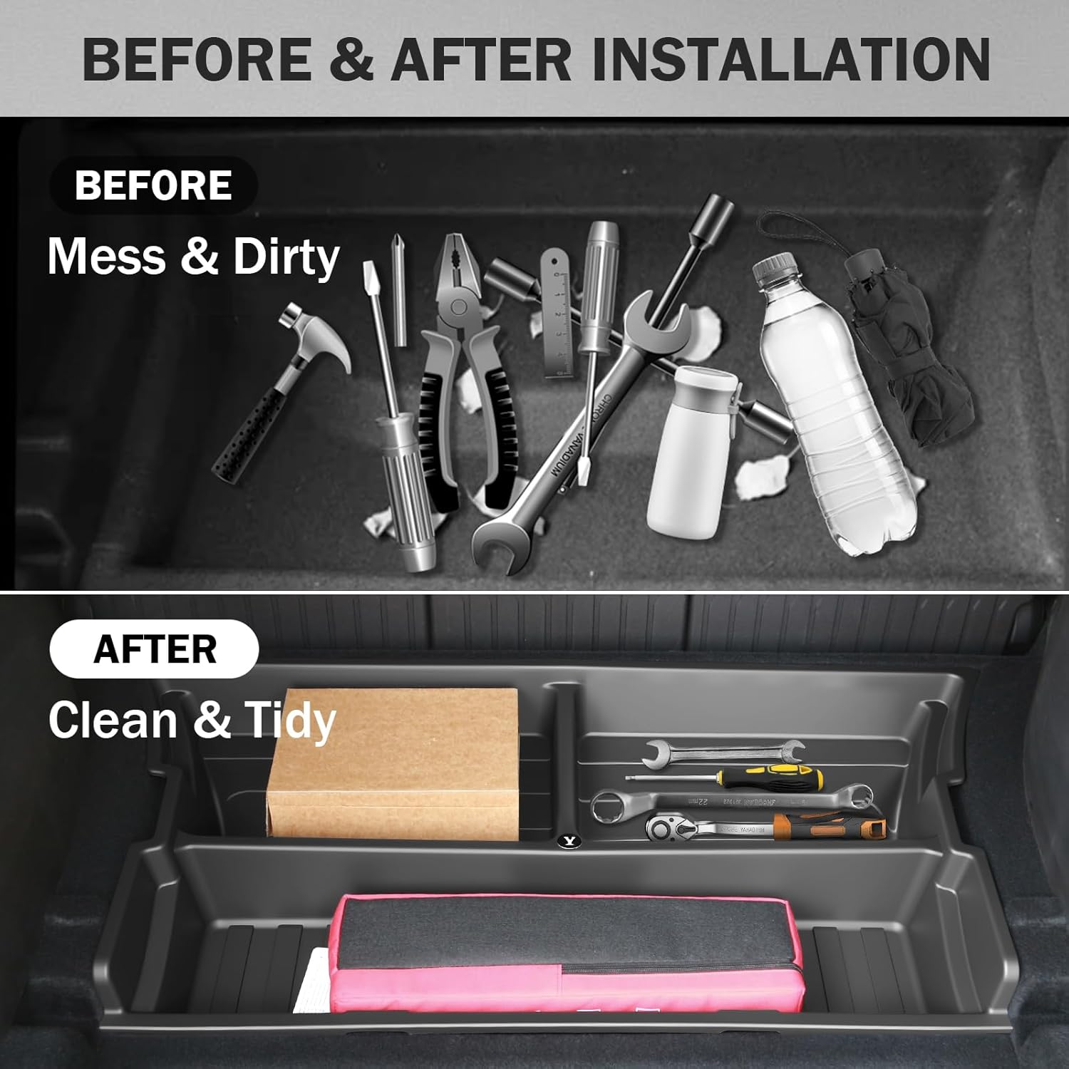 Hidden Trunk Organizer Tray for Tesla Model Y 2019-2026, Custom-Fit Rear Underfloor Storage Box, Durable ABS Compartment for Tools, Emergency Gear & Cleaning Supplies, Quick Access