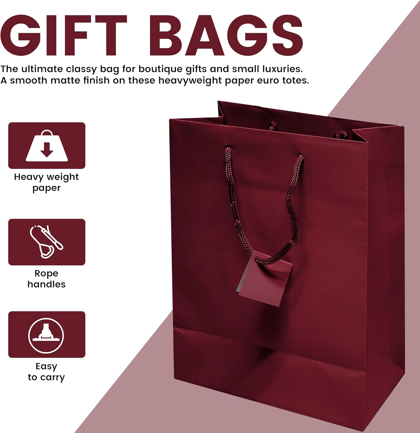 Novel Box Burgundy Gift Bags with Handles 10 Pack 8x4x10 Inches Large Paper Bulk Gift Bags for Business, Shopping, Birthday, Party Favor - Euro Tote Paper Bag for Groceries & Personal Use - Image 3