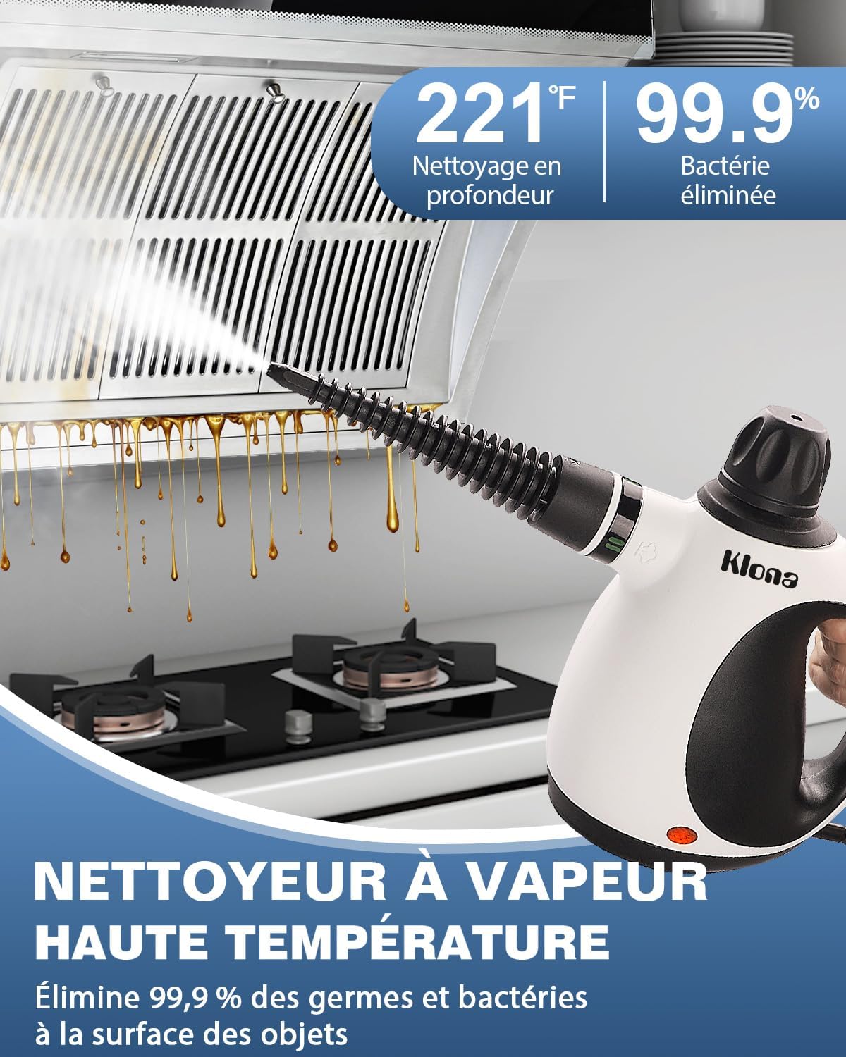 KLONA Nettoyeur Vapeur Portable, 1050W, Nettoyage Haute Température | pour Sols, Carrelage, Joints, Canapés, Cuisine, Salle de Bain | Sans Chimie | Serrure de Sécurité | avec 10 Accessoires