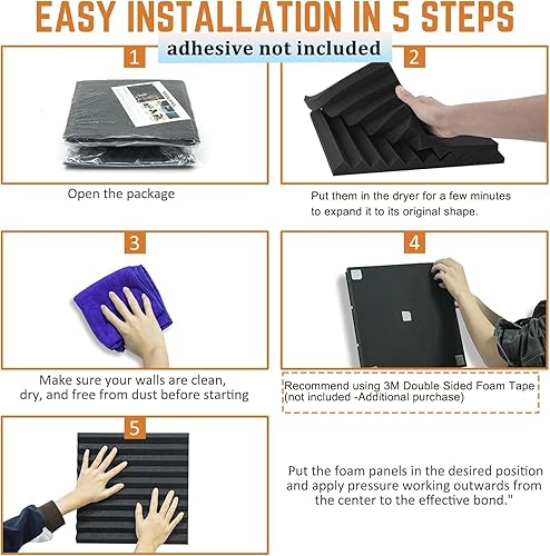 Miniatura 5 de Paneles de espuma acústica, paquete de 12 unidades de 2 x 12 x 12 pulgadas, insonorización de alta densidad para pared, paneles de espuma a prueba