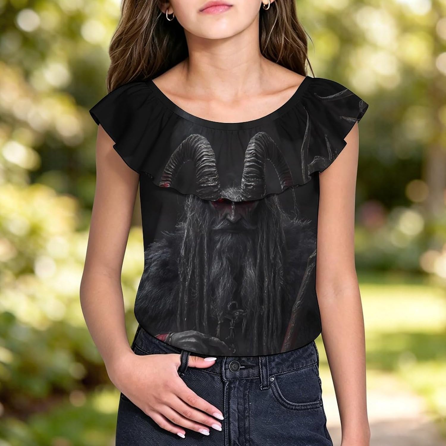 Devil Krampus Girls T-Shirts Top Ruffle Short Sleeve Blouse Casual Graphic Tees