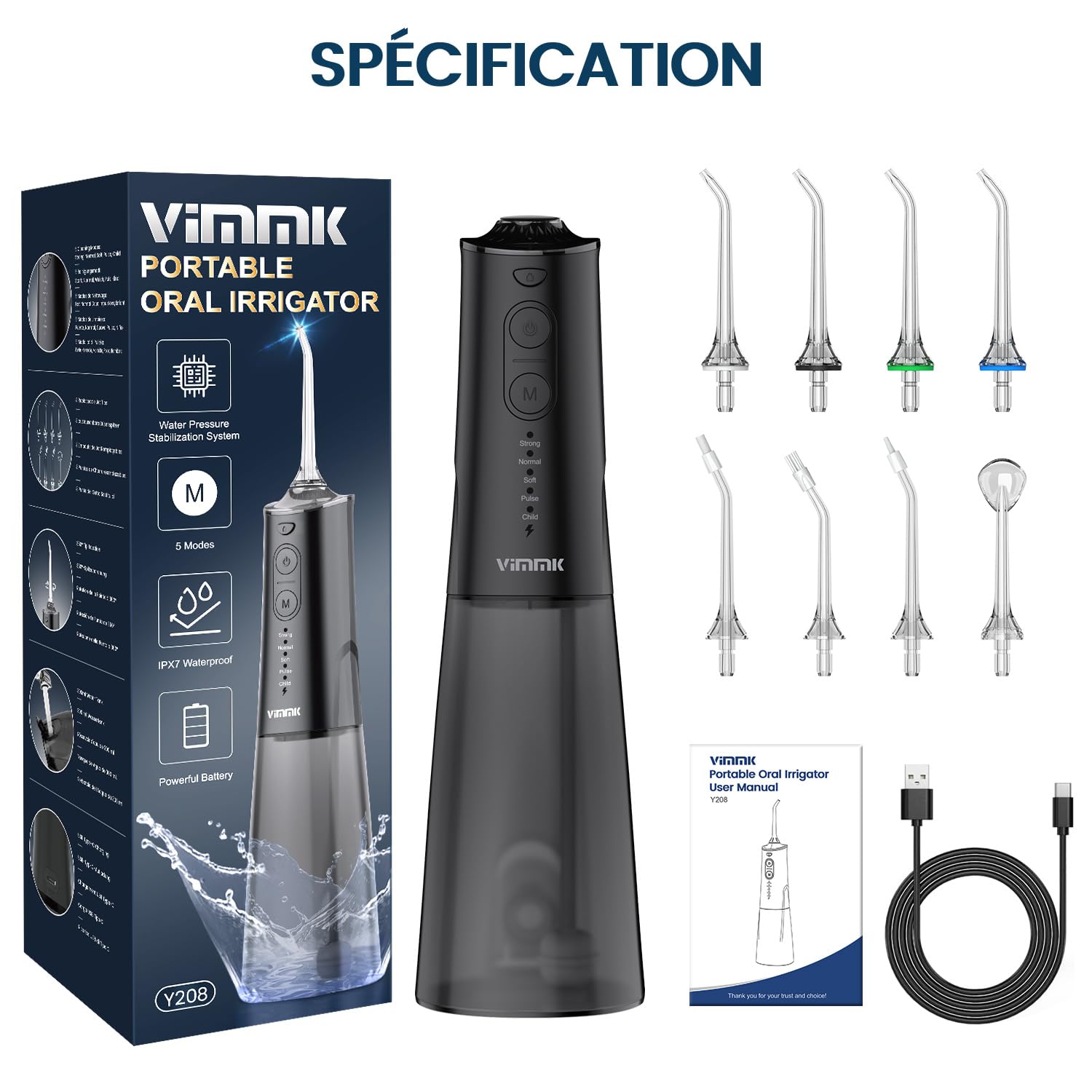 VIMMK Jet Dentale Idropulsore e Irrigatori Orali con 5 modalità di pressione dell'acqua e 8 punte sostituibili, ricaricabile e impermeabile IPX7, serbatoio 300 ml (nero)
