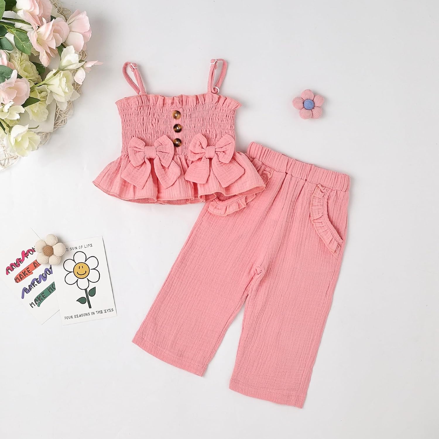 Toddler Baby Girl Clothes Summer Outfits Cute Bow Button Ruffle Camisole Pants Set 9-36 Months - Image 9