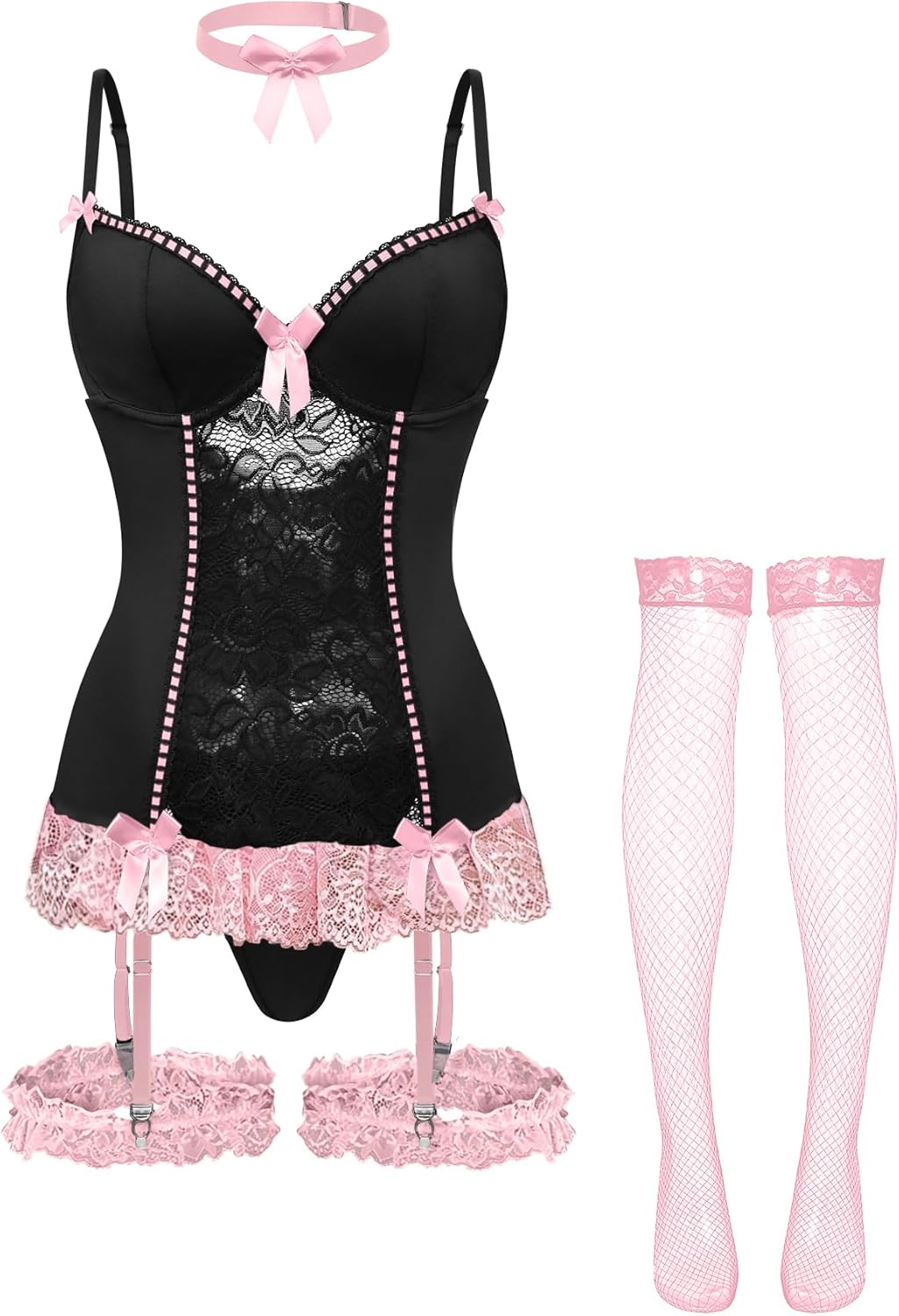 Lilosy Sexy Stocking Garter Belt Bows Floral Lace Babydoll Corset Push Up Teddy Lingerie Set with Panty - Image 5