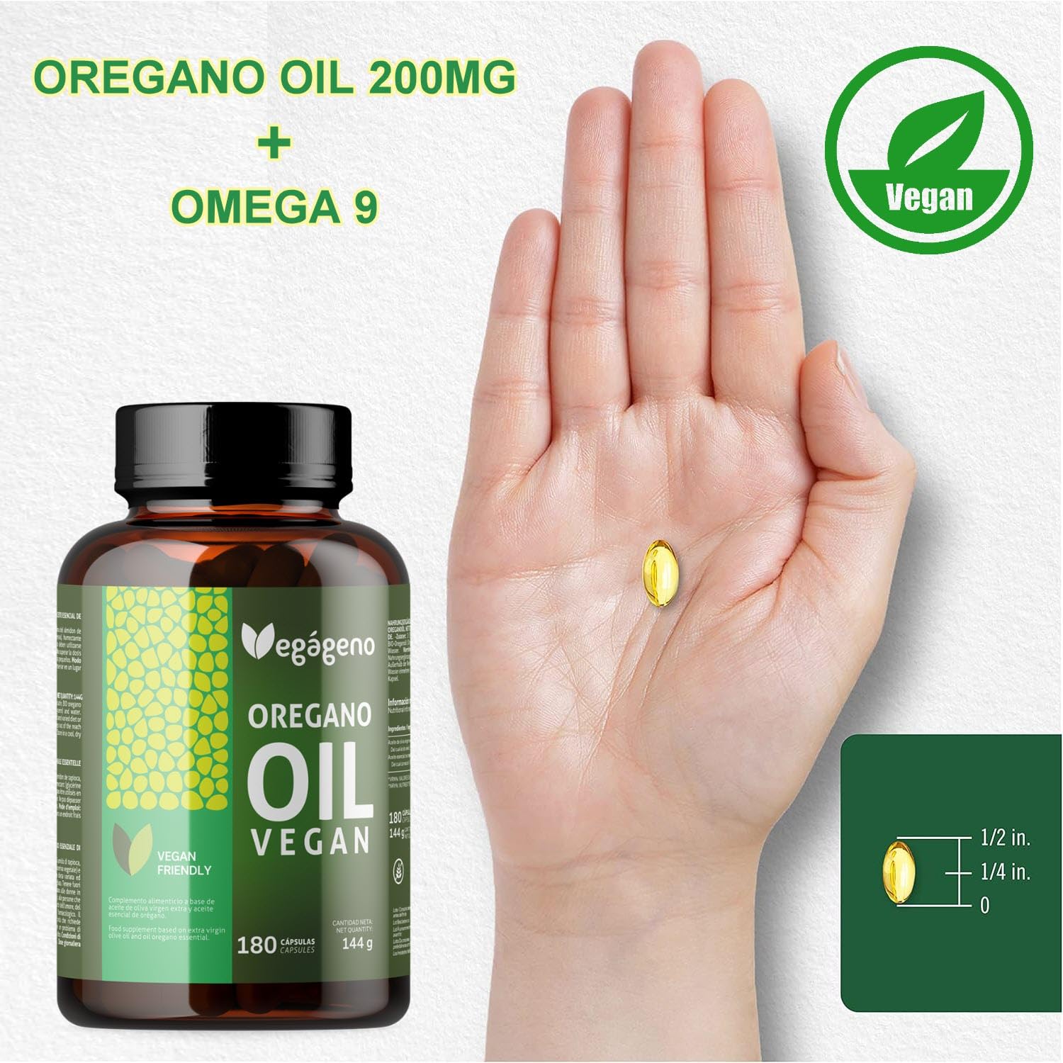 VEGAGENO - Olio Essenziale di Origano | 180 Capsule, 200mg per capsula, con OMEGA 9 Integratore Alimentare a Base di olio Extravergine di Oliva e Olio Essenziale Origano, e Carvacrolo. Adatto Vegani