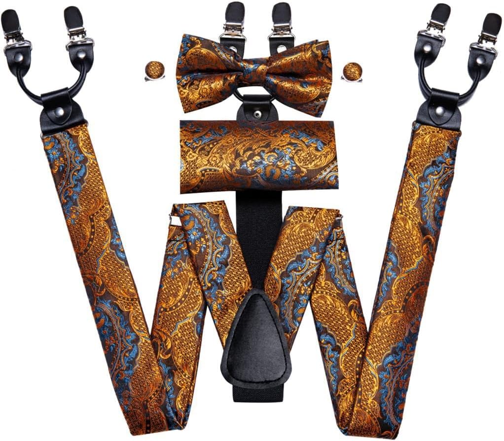 Silk Mens Suspenders 6 Clips Braces Necktie Bowtie Pocket Square Cufflinks Brooch Set for Men Business Gift
