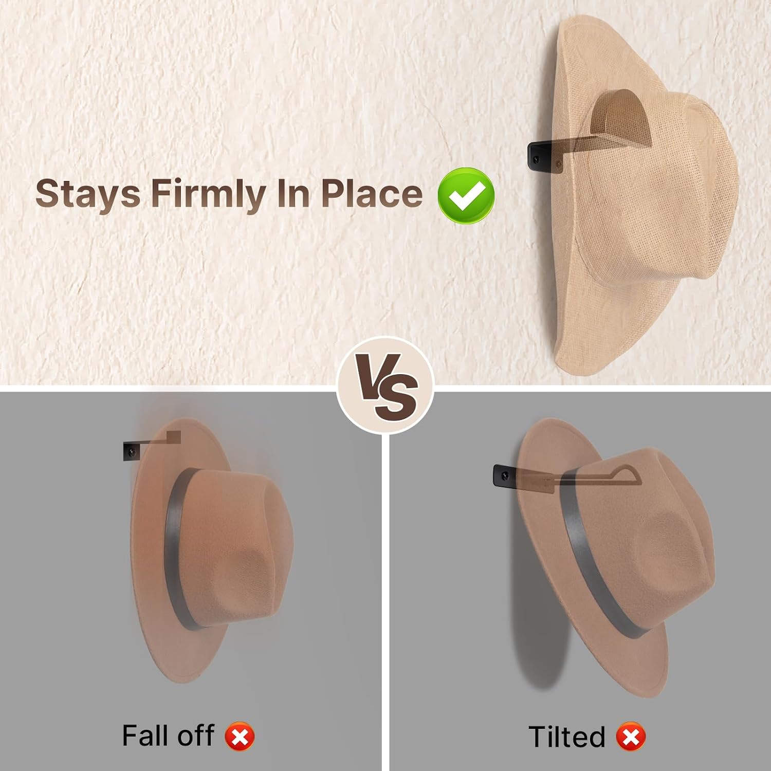 SEKSON Cowboy Hat Rack for Wall, 8 Pack Wooden Hat Holder, Wide Brim Hat Hooks, Wall Mount Hat Hanger for Baseball Caps, Fedoras, Straw Hats