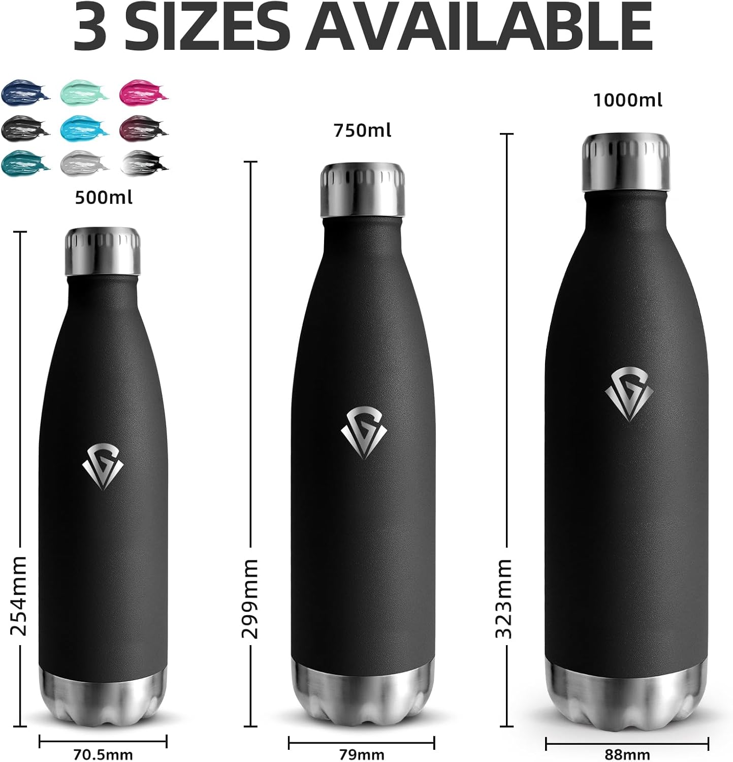 Grsta Stainless Steel Drinking Bottle, 500 ml, BPA-Free, Children's Drinking Bottle, Cold 24 Hours & 12 Hours Warm, Leak-Proof, Double Walled Water Bottle, for School, Camping, Office, Sports, Black