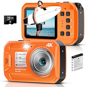 4K Underwater Camera, 64MP 16FT Waterproof Digital Camera with 16GB Card, Autofocus Floatable Waterproof Camera with IPS HD Screen, 16X Digital Zoom, Fill Light, for Snorkeling, Surfing, Orange
