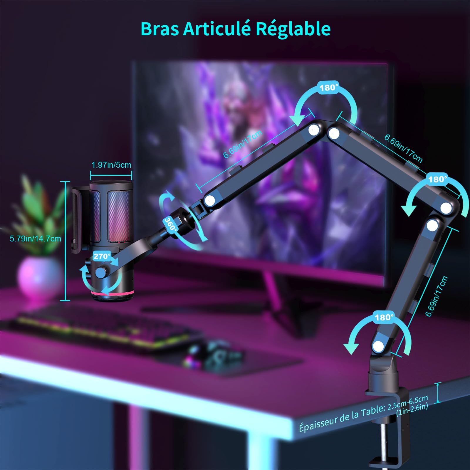 K KASONIC Microphone RGB pour Gaming avec Bras de Perche, Microphone Condensateur de Home Studio pour PC, Micro USB 24 Bits 192 kHz pour Enregistrement de Podcast, Kit de Microphone pour Streaming