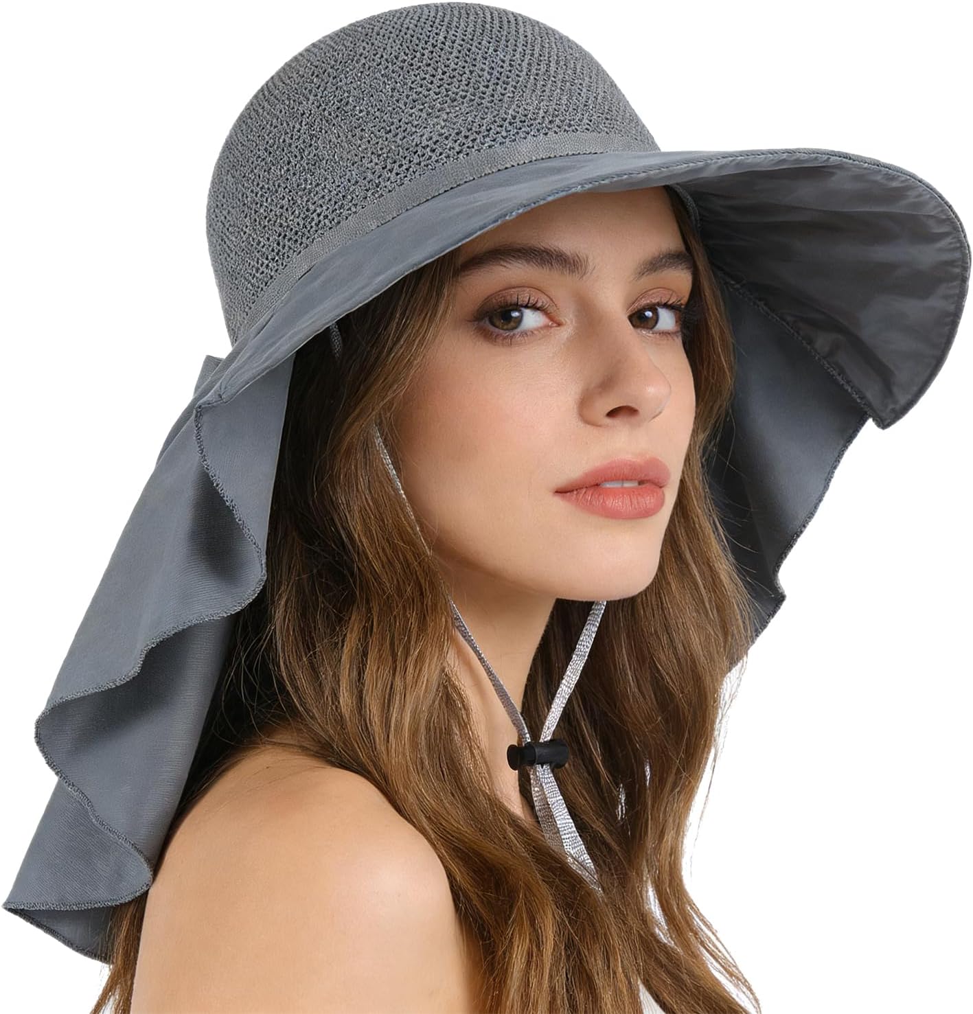 Women Mesh Sun Hat Neck Flap Summer Beach Hat Wide Brim Bucket with Chin Strap Foldable Outdoor Sun Protection Bow Fedora