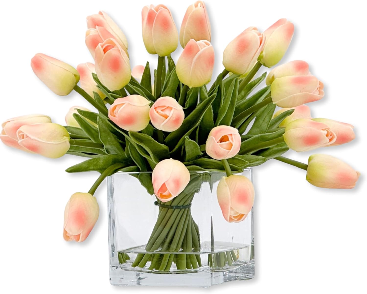 Tulips 30 Stems, Modern Arrangement, Real Touch Tulips, Artificial Faux Forever Centerpiece, Fake Flowers in Glass Vase for Home - Office Décor, Wedding, Gifts (Pink)