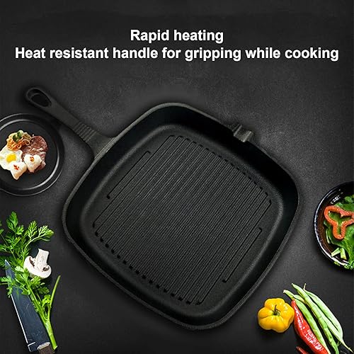 Miniatura 5 de Sartén para parrilla de hierro, sartén cuadrada antiadherente, sartén negra con mango resistente al calor, sartén de tocino de conducción rápida de