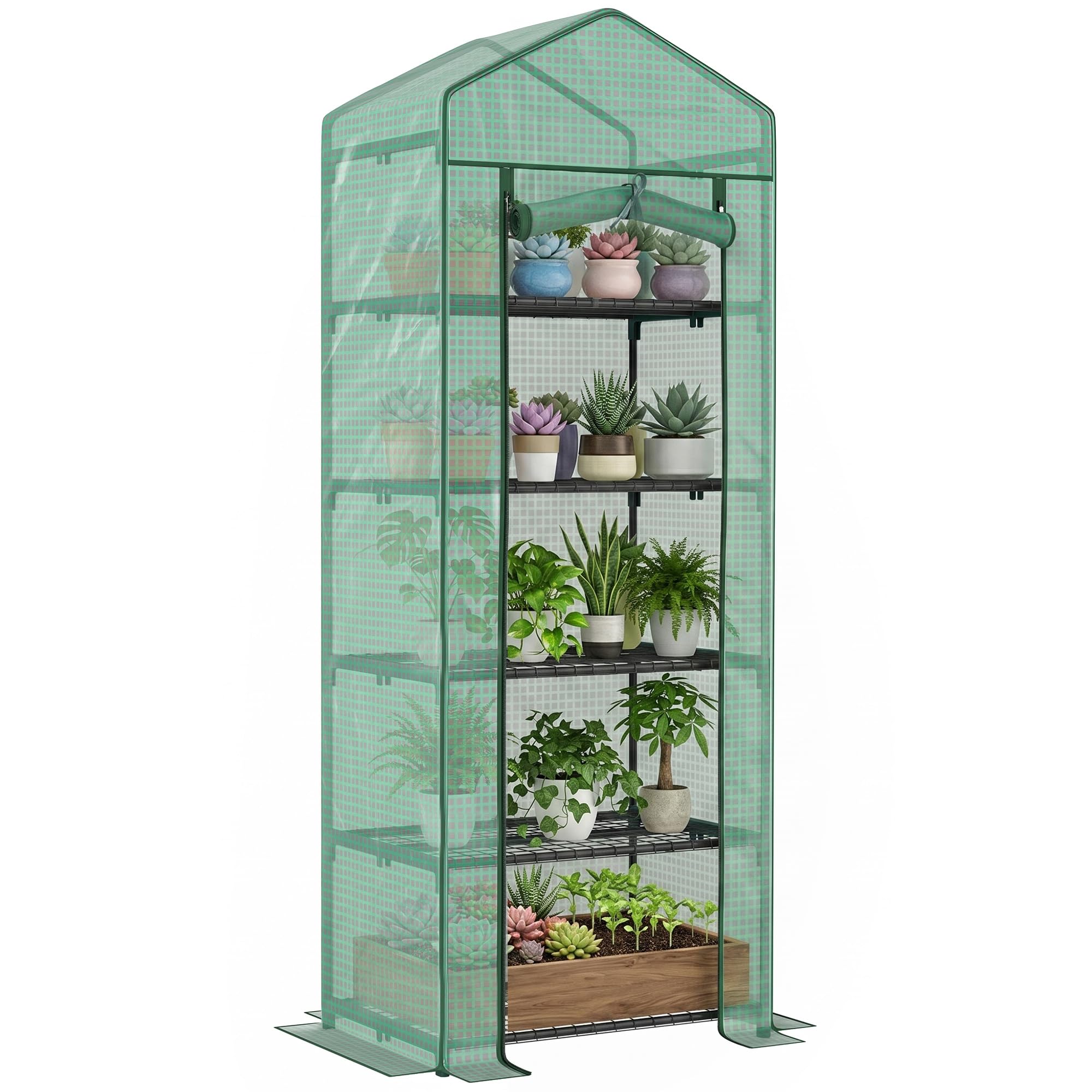 Outsunny Serra da Balcone a 5 Livelli con Porta Avvolgibile, Serra per Orto con Struttura in Acciaio e Copertura PE, per Piante Orto Verdure Fiori Frutta, 69x49x193 cm, Verde