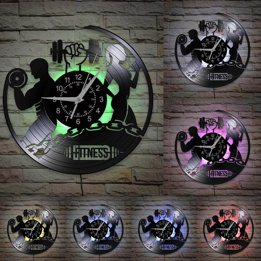 Gym Wall Clock, 12 Inch 7 Colors LED Lighted Night Light Wall Lamp Clock, Silent Non Ticking Modern Decorative Vinyl Record Wall Clock Watch for Fitness Room Fitness Center Bodybuilder Gifts