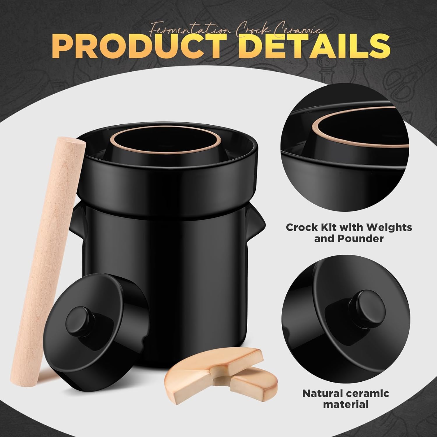 Tioncy 2.6 Gallon 10L Fermentation Crock Ceramic Sauerkraut Crock with Lid Weights and Pounder Brown Ceramic Crock Kit for Fermenting Pickling Cabbage Sauerkraut Pickles Vegetables - Image 4