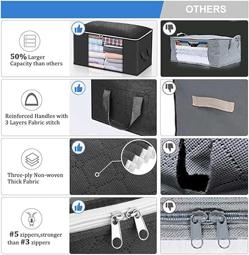 Miniatura 4 de Bolsas de almacenamiento grandes de 90 litros, paquete de 6 organizadores plegables para armario y almacenamiento con asas duraderas, tela gruesa