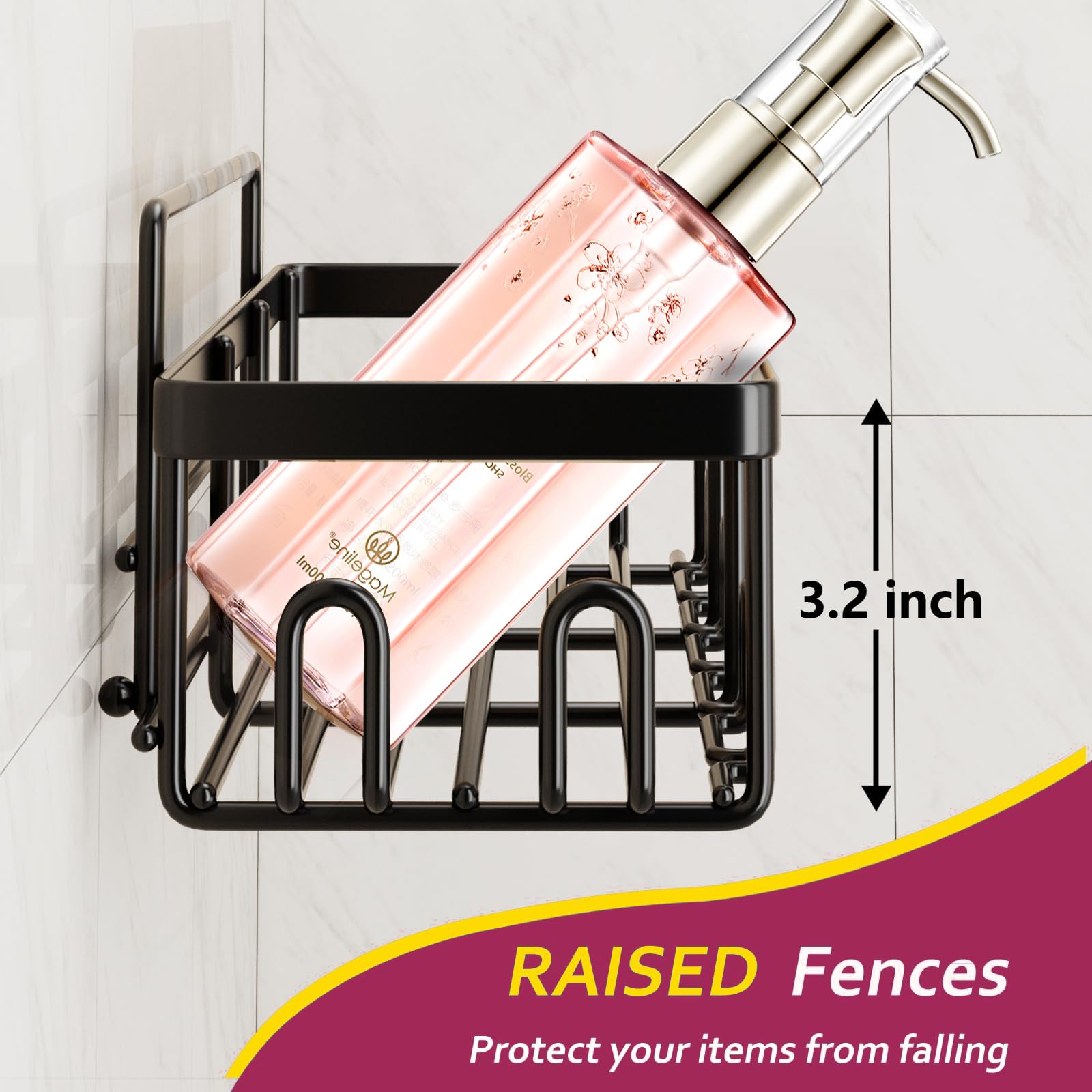 Mensola Doccia Senza Fori - 3 Pezzi Con Portasapone &amp; Ganci | Scaffale Adesivo Per Bagno E Cucina, Nero Antiruggine