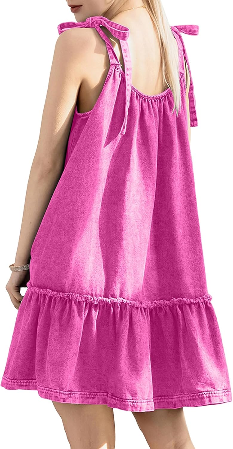 Women Denim Cami Dress Tie Shoulder Ruffle Hem Short Dresses Babydoll Wash Jean Sundress with Pocket - Image 4