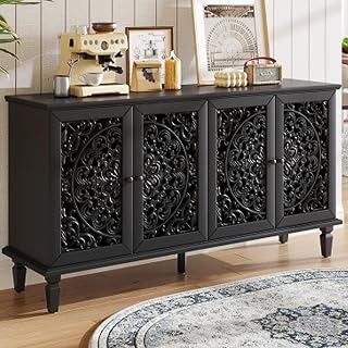 BROVAVE 59.8" Buffet Cabinet with Adjustable Shelves & Large Storage, Farmhouse Sideboard with Floral Carved Doors & Antique Brass Handles, TV Stand Media Console for Living Room,DiningRoom,Entryway