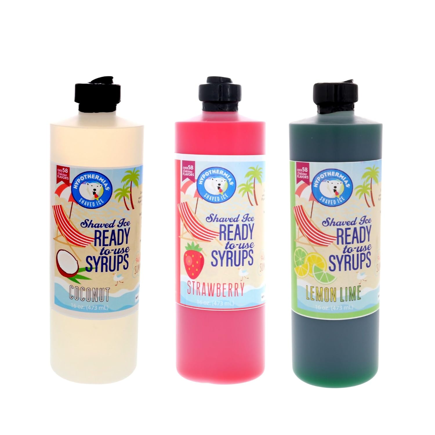 Hypothermias Gourmet Shaved Ice & Snow Cone Syrup - 3 Pack Pints (16 Fl. Oz. each) - Coconut, Strawberry, Lemon Lime - Made with Non-GMO 100% Pure Cane Sugar, No Corn Syrup - BPA-Free Plastic Bottle with Pour Top