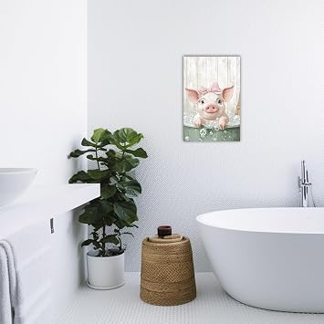 CHAOSETKEN Funny Pig Pictures for Bathroom Cute Pig in Bathtub Canvas Prints Pink Animal Bathing Painting Washroom Nursery Room Framed Wall Art (Grey,18L x 12W)