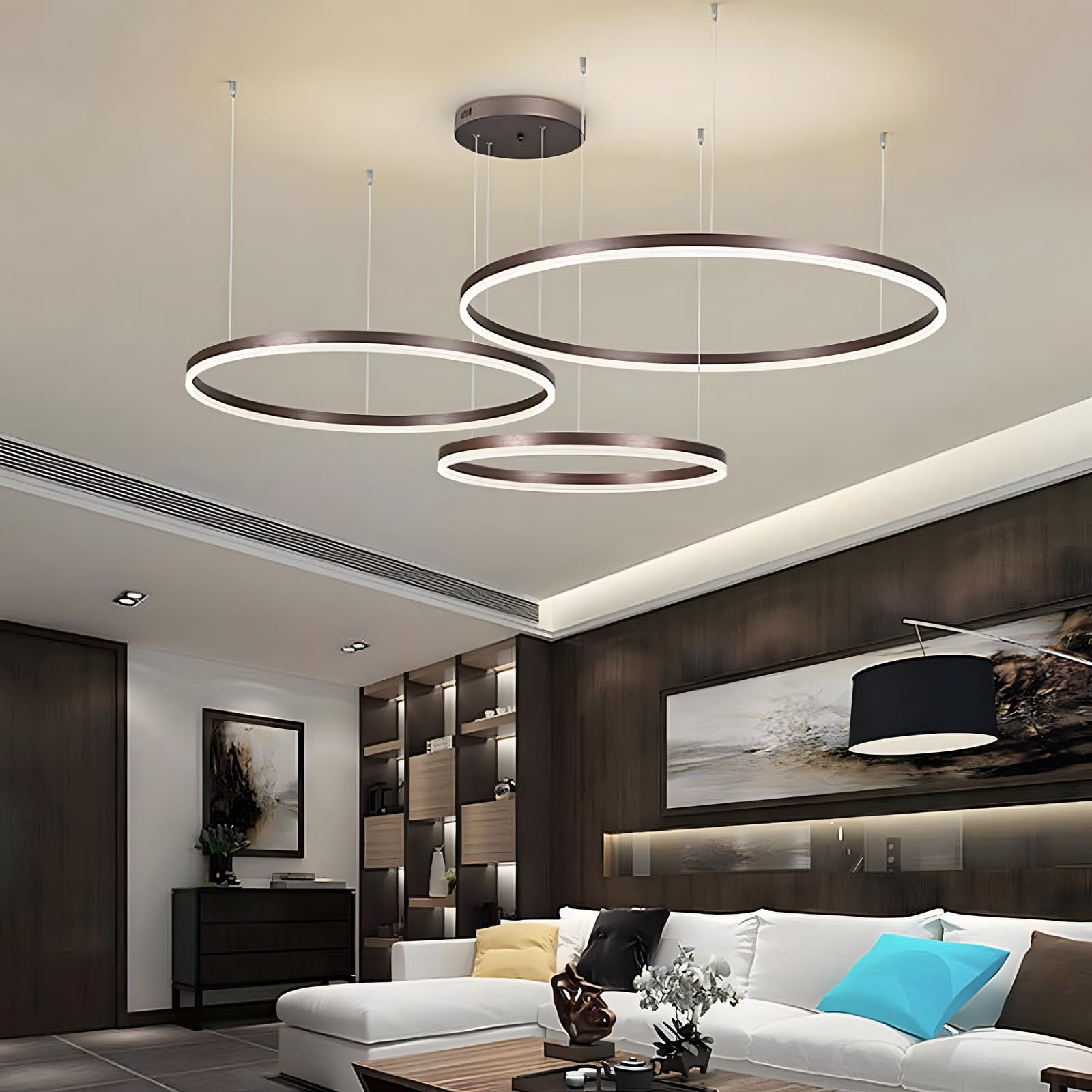 Lustre LED en Métal | 3 Cercles 40+60+80cm | 90W Plafonnier Suspendu Avec Anneaux, Télécommande à Intensité Variable 3000-6000K, Abat-jour en Acrylique Salon Chambre Foyer Salle Manger【Brun】