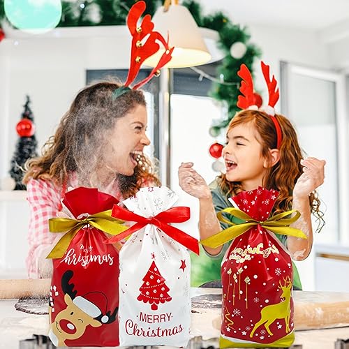Miniatura 6 de AouEtnay 50 bolsas de dulces de Navidad, bolsas con cordón para suministros de fiesta de Navidad