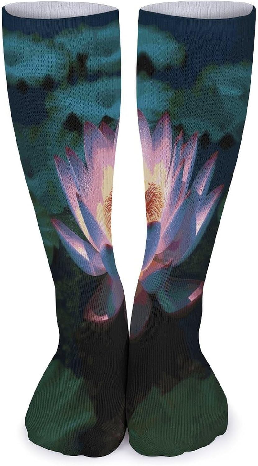Lotus Flower Crew Socks High Stocking Thermal Socks | Tube Socks-Breathable-Moisture-Soft-wicking for Hospital Pilates Yoga for women men Grippy for office and daily walking