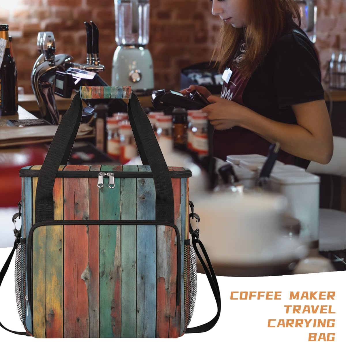 Colorful Wood Planks Portable Coffee Maker Carrying Bag Compatible with Keurig K-Mini or K-Mini Plus - Travel Storage Tote with K-Cup Pod Pockets for Single Serve Coffee Brewer