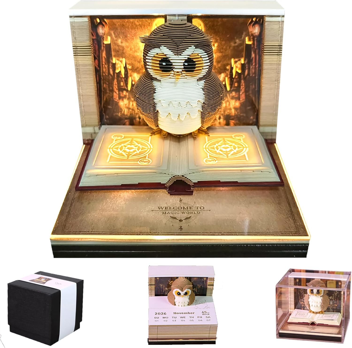 3D Calendar 2026, 3D Memo Pad Art Sticky Notes, Time Piece Calendar 2026, Creative Weekly Notepad with Light, Paper Carving Art Desktop Gift for Christmas Birthday Anniversaries (Owl)