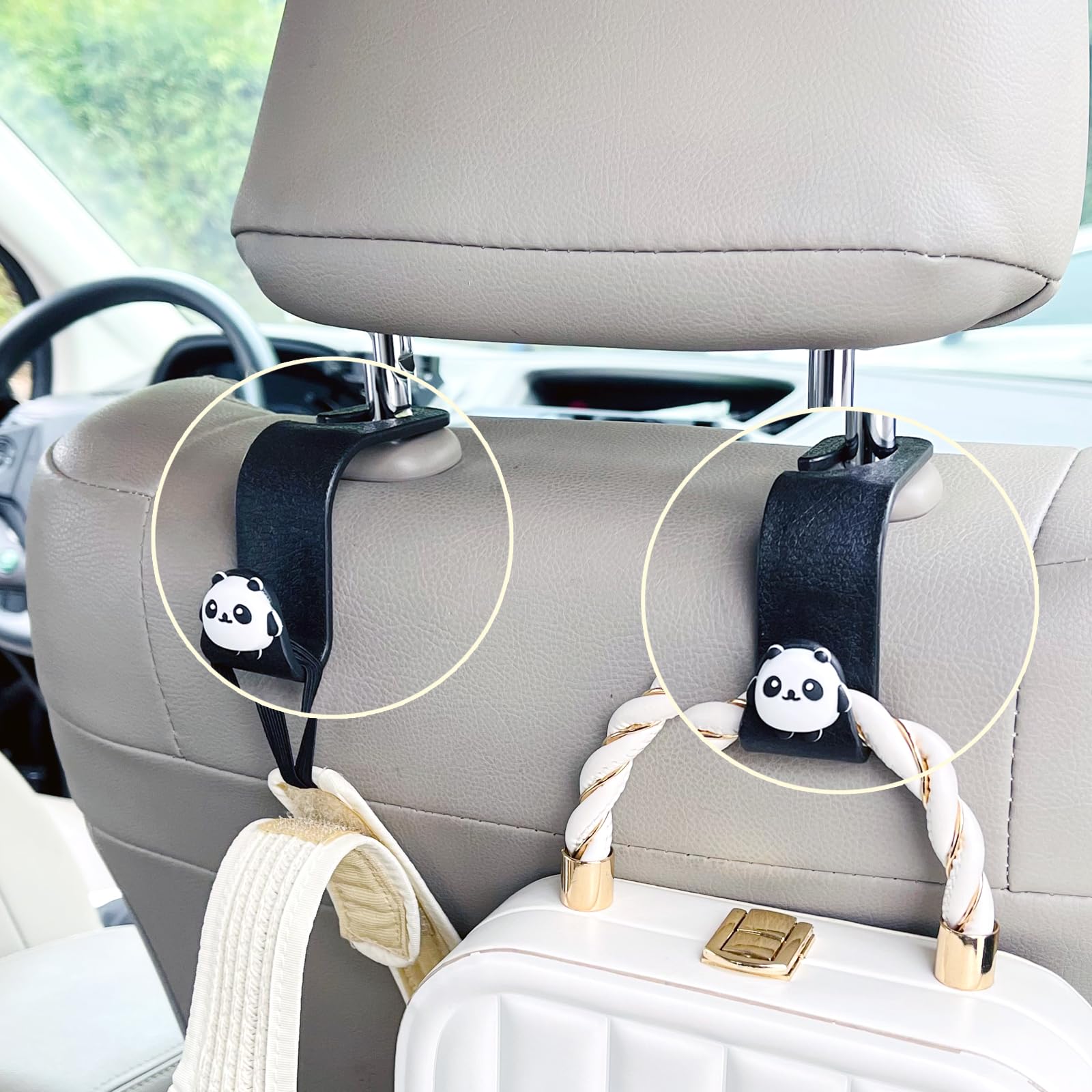 MaPctSy 2 Pack Car Hooks for Purses and Bags, Cute Panda Car Seat Headrest Hook for Women, 360° Rotating Universal Vehicle Storage Hanger, Car Back