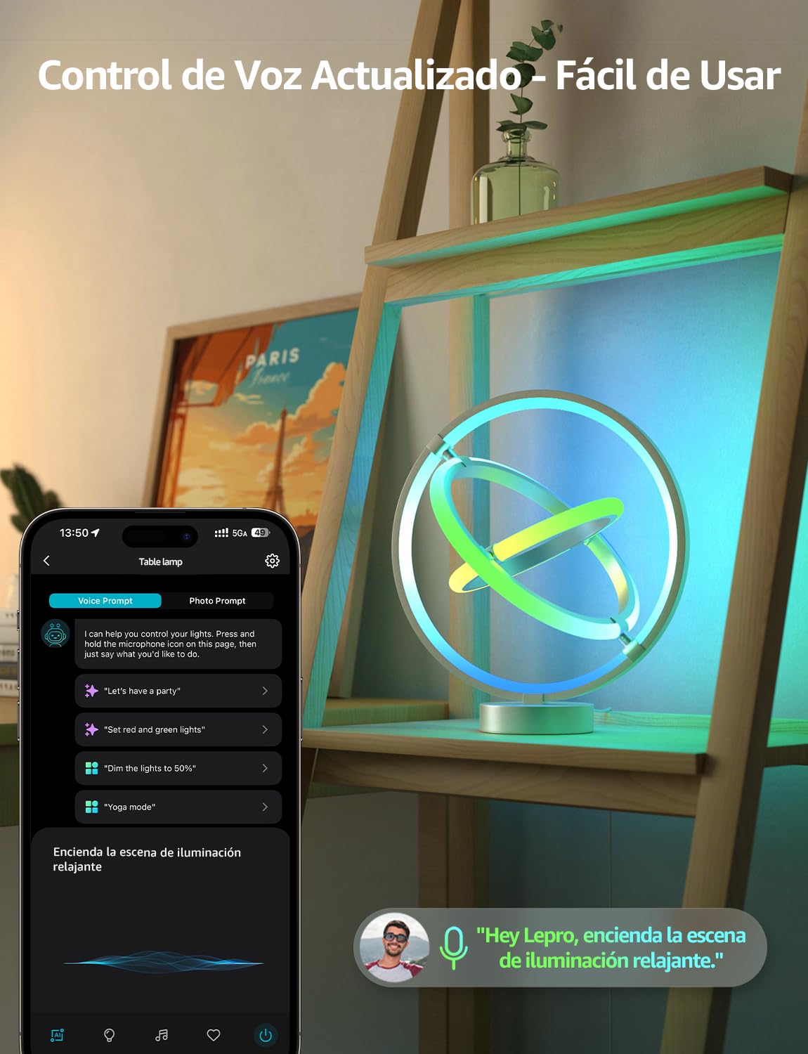 Lepro TB1 AI Lámpara de Mesa Inteligente, Lámpara de Noche Moderna MagicColor, Sync de Música y Control de Voz, Funciona con Alexa y Google Assistant, Diseñador de Iluminación AI Personalizado