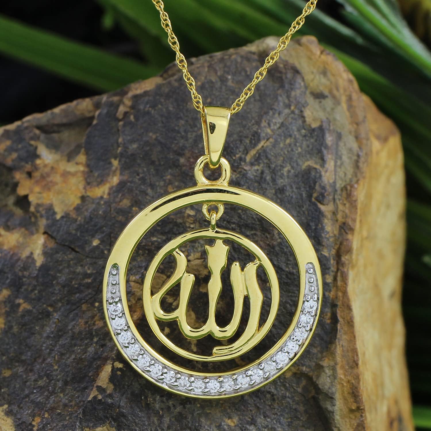 AFFY Allah Pendant Necklace for Women White Cubic Zirconia in 14K Gold Plated 925 Sterling Silver Religious Jewelry Gift for Her, 18" Cable Chain
