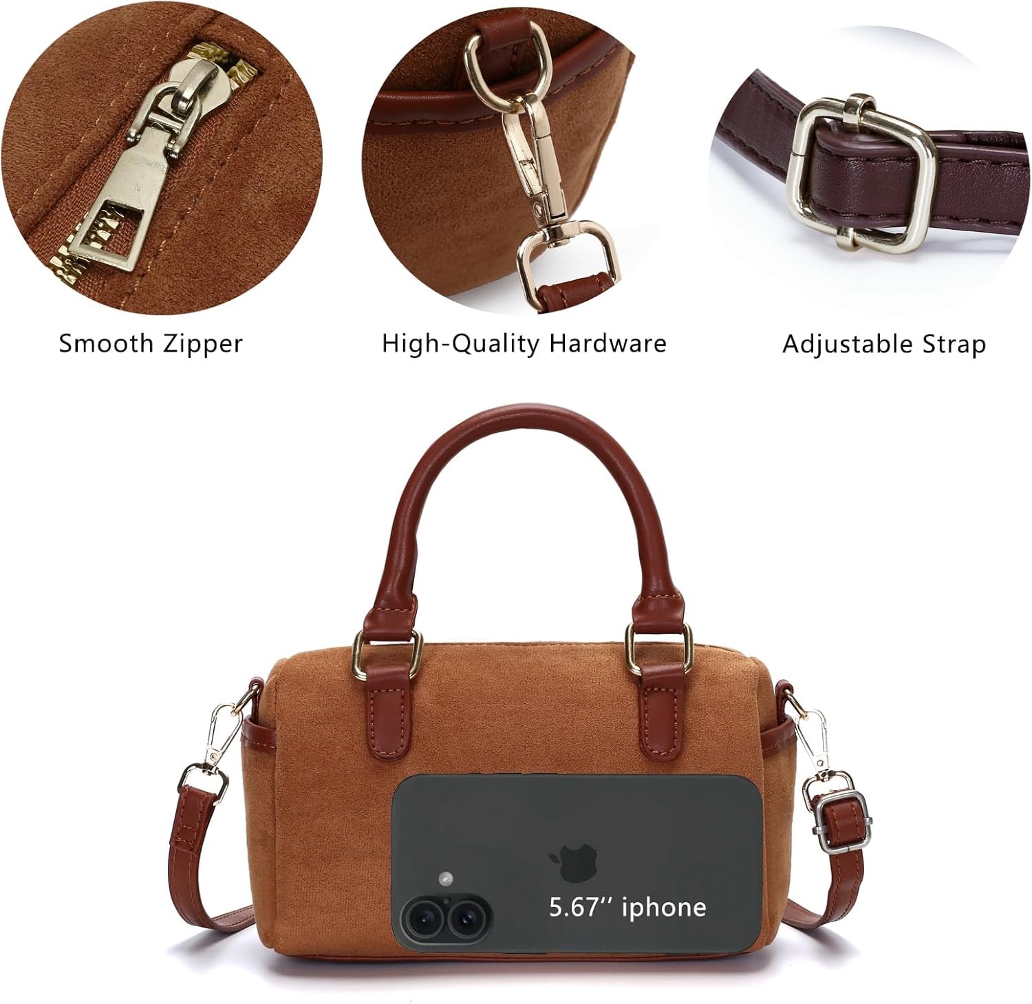 Small Faux Suede Purses for Women Boston Barrel Bag Mini Top Handle Bags with Trendy Crossbody Strap - Image 3