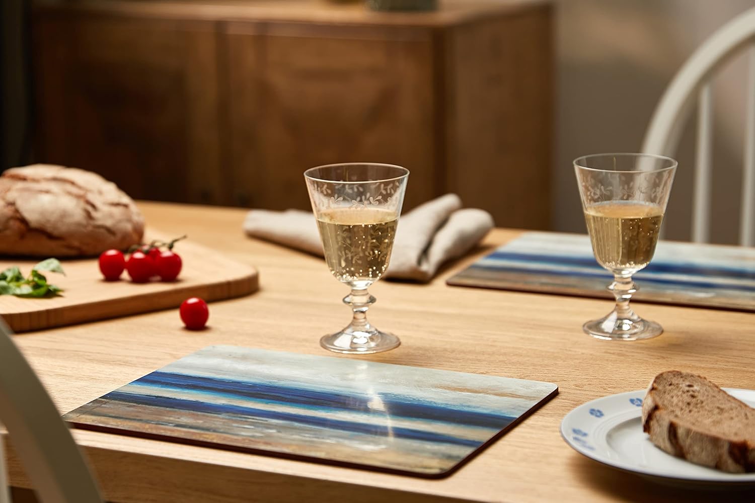 Creative Tops Wooden Placemats Set of 4, Abstract Ocean View, Cork Backed Table Mats, 30 x 22.8 cm, Blue/Grey