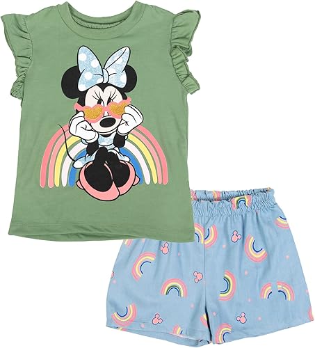Disney Minnie Mouse - Conjunto de camiseta floral arcoíris y pantalones cortos de cambray, tallas de bebé a niño grande (12 meses - 14-16)